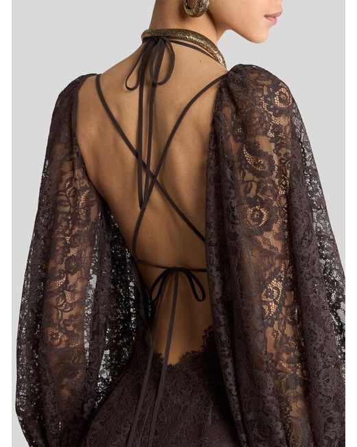 Etro Black Long Lace Dress With Paisley Motif