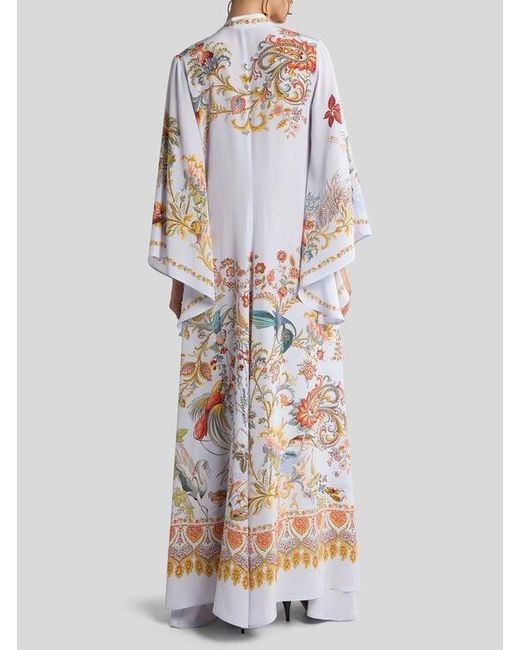Etro White Long Silk Dress With Silk Scarf And Placed Flora And Fauna Print