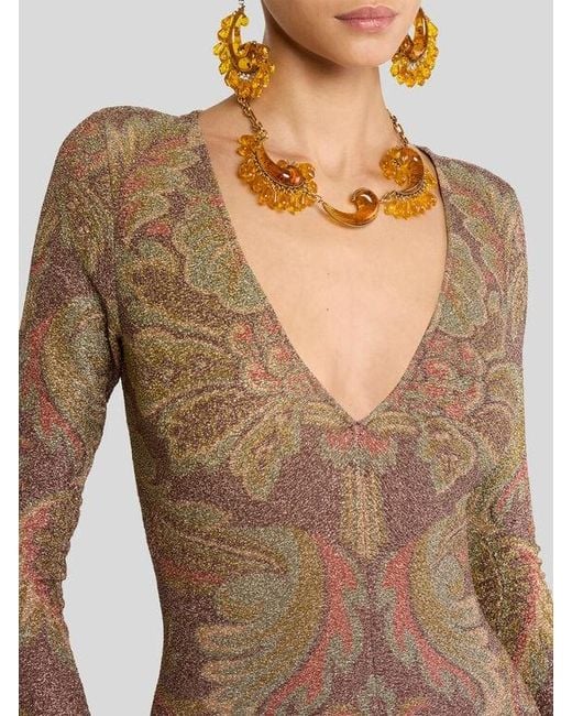 Etro Natural Long Jersey Dress With Floral Motif
