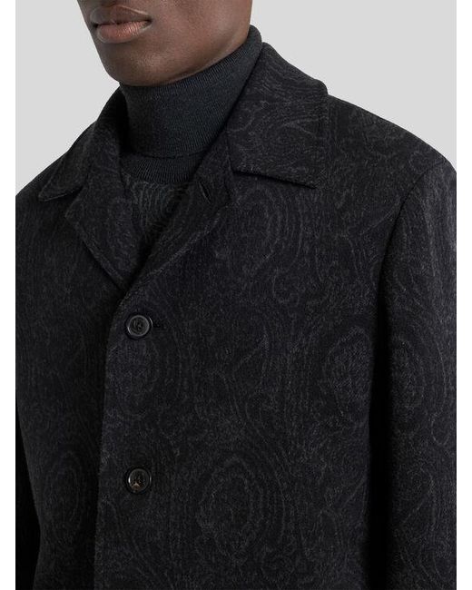 Etro Black Wool And Cashmere Jacquard Coat With Arnica Motif for men