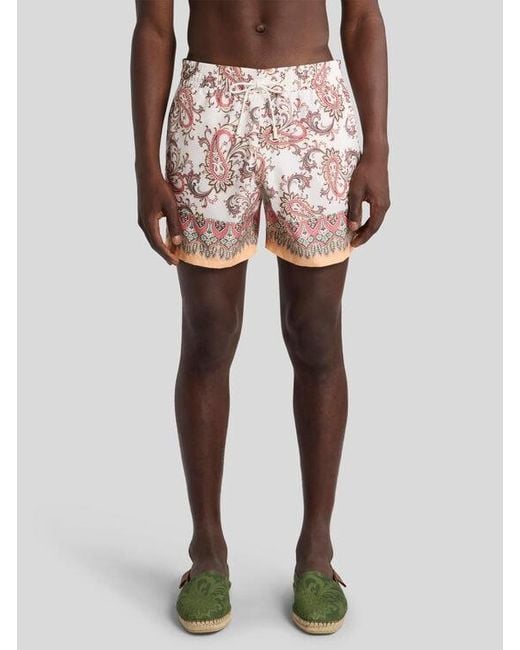 Etro White Swim Shorts With Placed Leafy Paisley Print for men