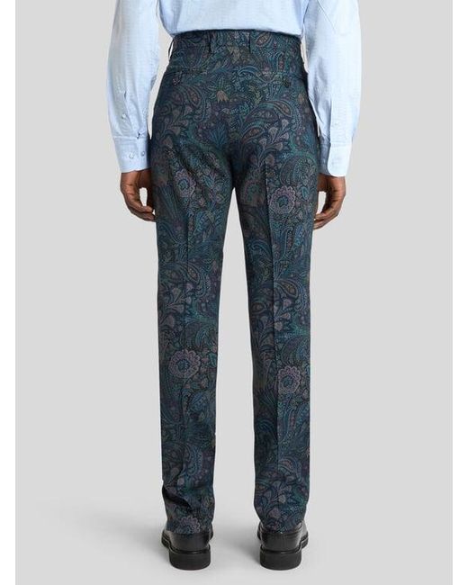Etro Blue Tailored Wool Trousers With Floral Motif for men
