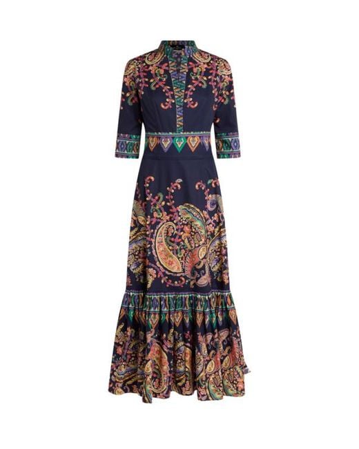 Etro Blue Long Cotton Dress With Placed Floral Paisley Print