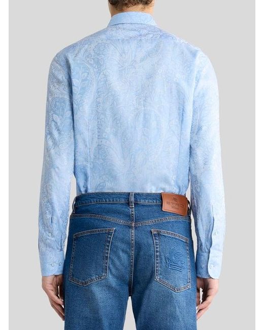 Etro Blue Cotton Jacquard Shirt With Paisley Foliage Motif for men