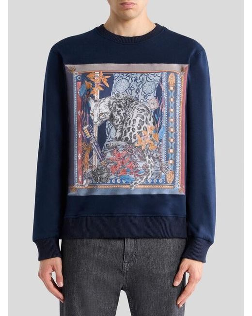 Etro Blue Cotton Sweatshirt With Placed Leopard Print for men