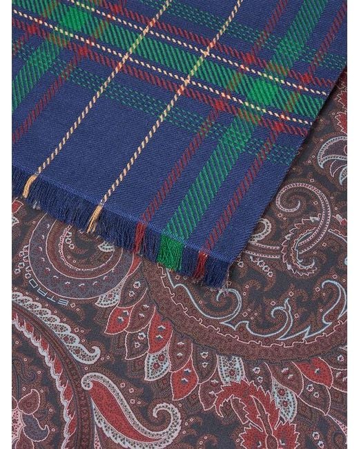 Etro Blue Double-Sided Wool And Silk Scarf With Check And Paisley Motifs for men