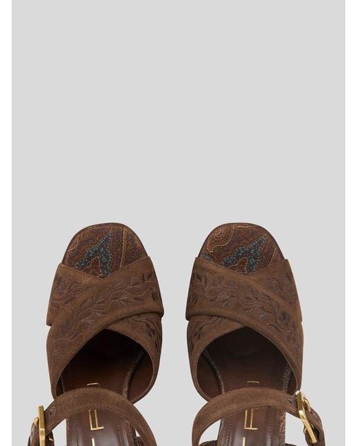 Etro Brown Suede Platform Sandals With Embroidery