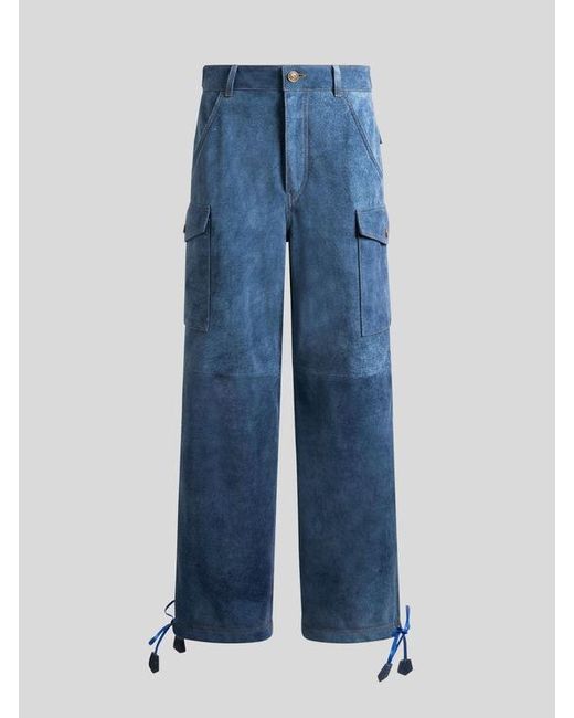 Etro Blue Denim-Effect Suede Cargo Trousers With Drawstring