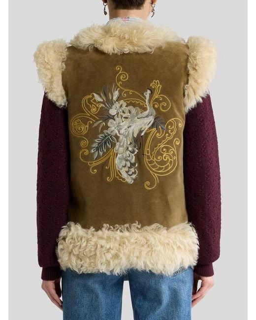 Etro Natural Shearling Waistcoat With Peacock Embroidery