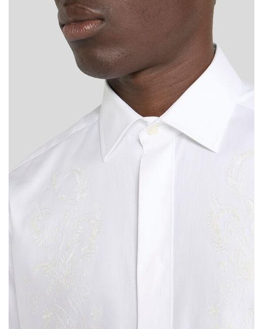 Etro White Cotton Shirt With Floral Paisley Embroidery for men