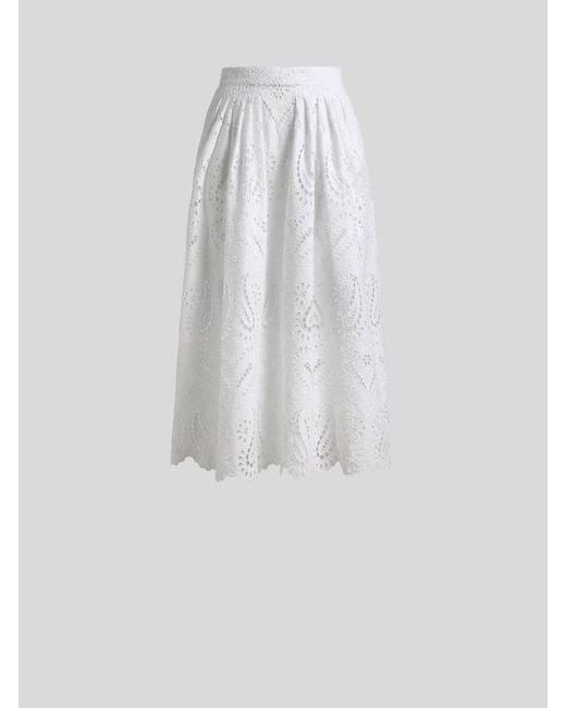 Etro White Broderie Anglaise Lace Midi Skirt With Paisleys And Hearts