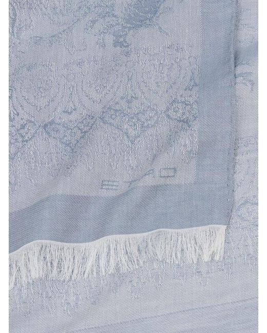 Etro Blue Cotton-Blend Jacquard Scarf With Flora And Fauna Motif