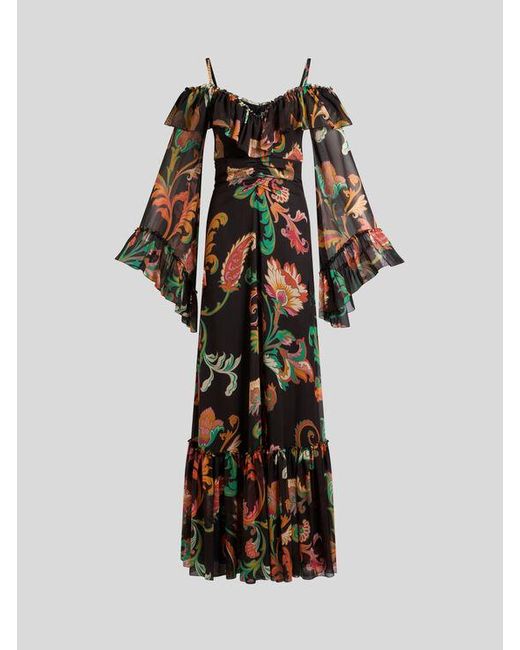 Etro White Long Boho Dress With Floral Print All Over