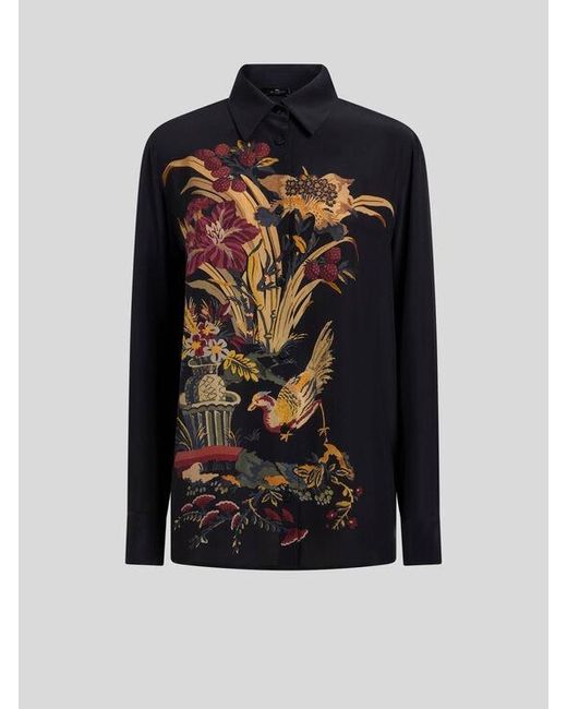 Etro Black Silk Shirt With Placed Front Print