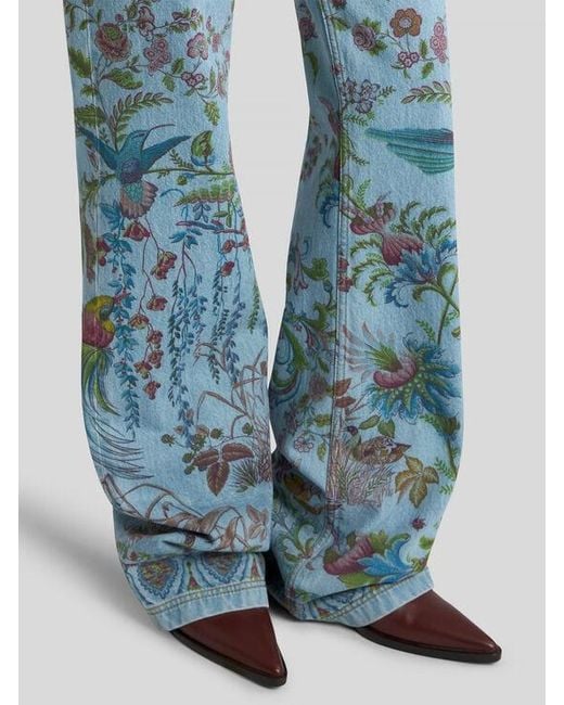 Etro Blue Flared Denim Jeans With Placed Flora And Fauna Print