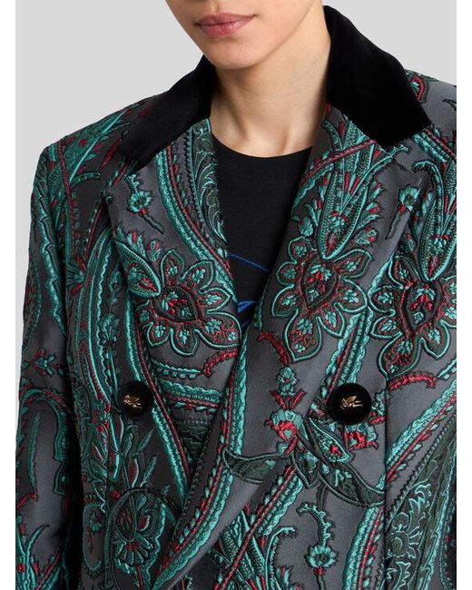 Etro Green Double-Breasted Paisley Jacquard Coat