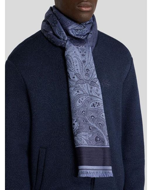 Etro Blue Wool And Silk Jacquard Scarf With Floral Paisley Motif for men