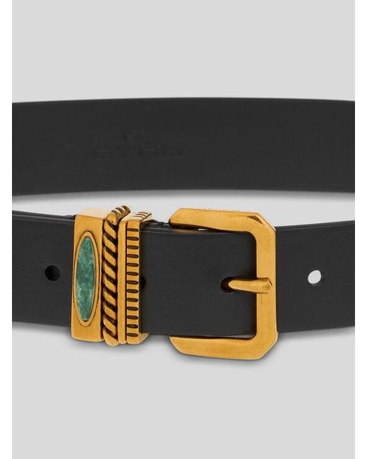 Etro Black Leather Belt With Jewel Stone
