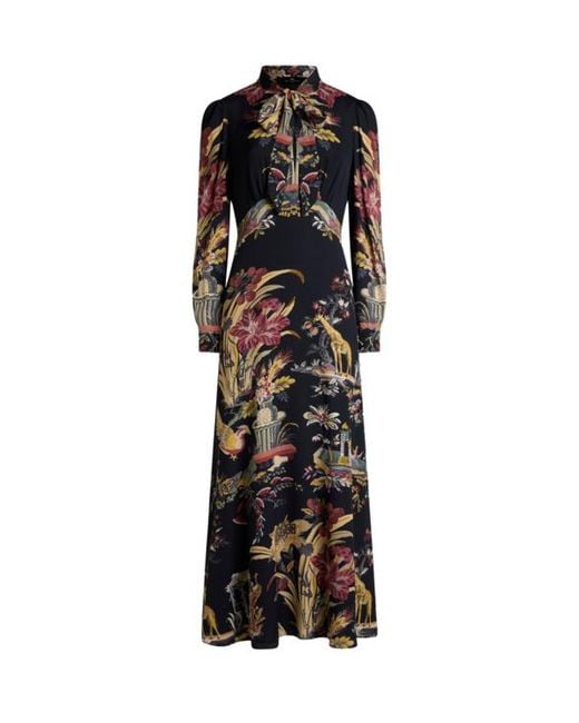 Etro Black Long Dress With Silk Scarf And Placed Flower And Animal Print