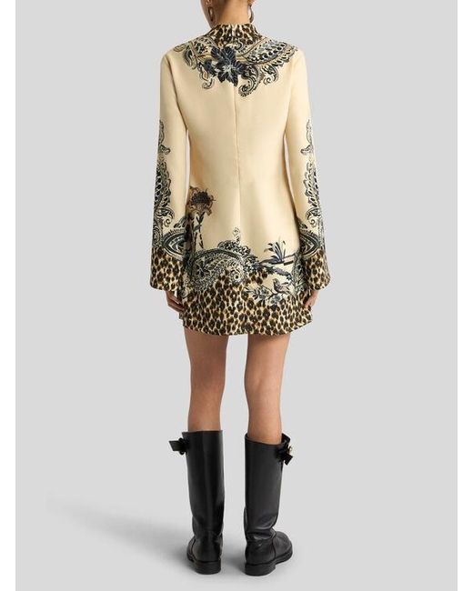 Etro Natural Envers Satin Mini Dress With Front Print And Leopard Motif