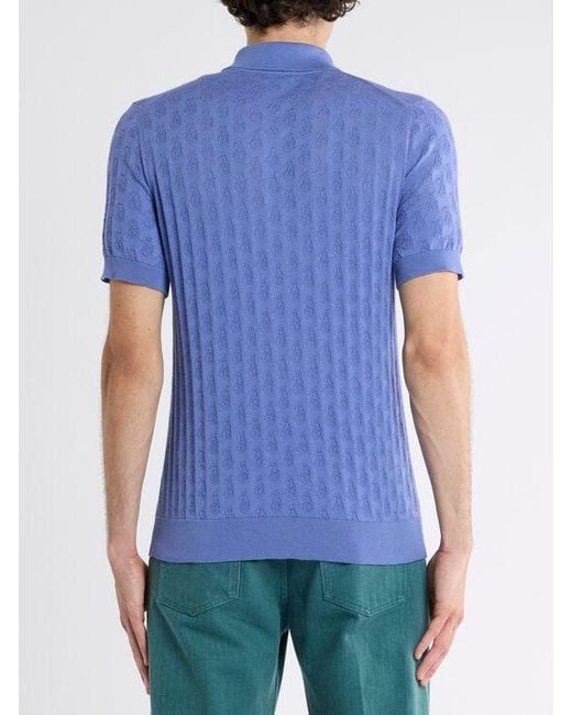 Etro Blue Knit Cotton Polo Shirt With Micro Paisley Motif for men