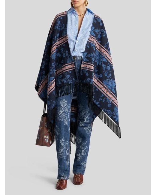 Cape À Motif Jacquard Fleuri, Femme Etro en coloris Blue