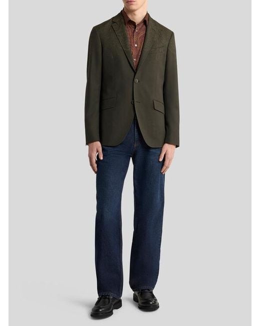 Etro Black Single-Breasted Wool Jacket With Placed Print for men