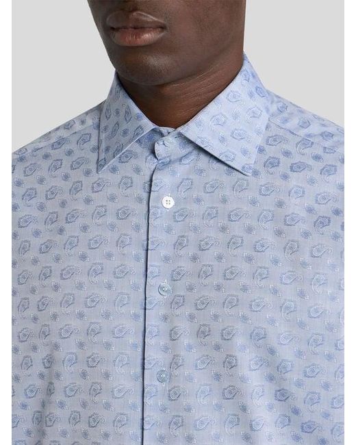 Etro Blue Cotton-Blend Fil Coupé Shirt With Micro Paisley Motif for men