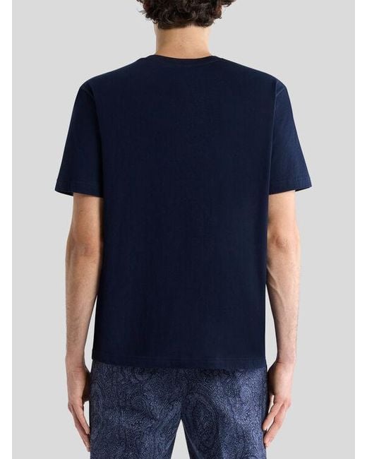 Etro Blue Cotton T-Shirt With Leopard Print And Embroidery for men