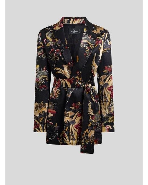 Etro Black Envers Satin Jacket With Belt And Flower And Animal Motif