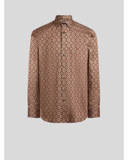 Etro Brown Cotton Satin Shirt With Medallion Motif for men