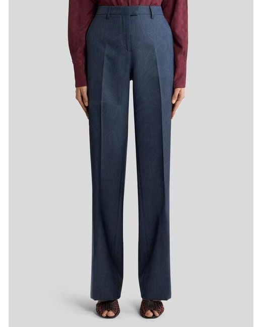 Etro Blue Wool Jacquard Trousers With Paisley Motif