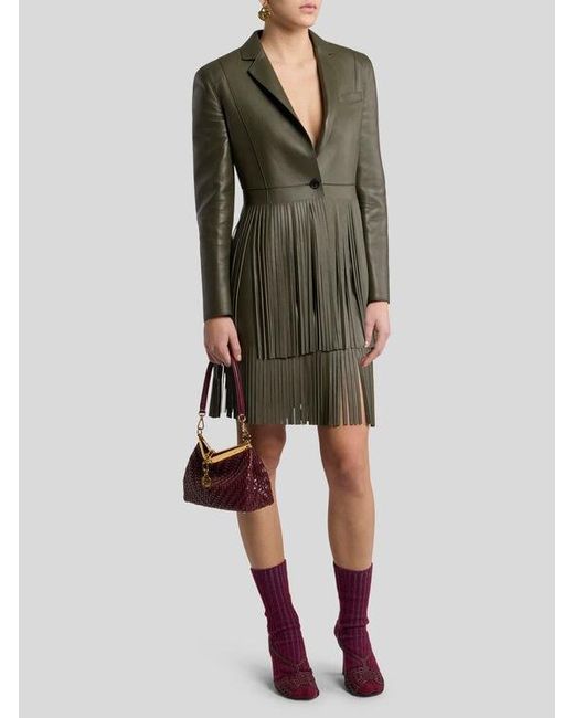 Etro Green Leather Skirt With Fringing