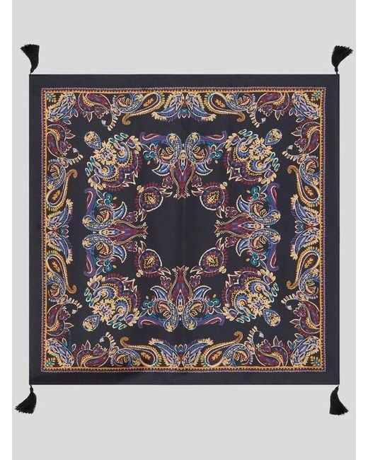 Etro Metallic Silk Scarf With Tassels And Paisley Foliage Motif