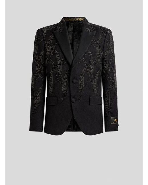 Etro Black Single-Breasted Stretch Cotton-Blend Jacquard Jacket With Paisley Embroidery for men