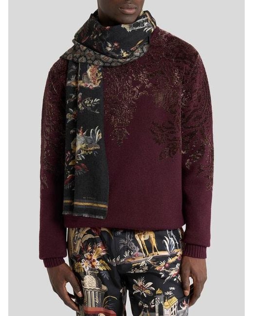 Etro Black Brushed Wool Scarf With Two Prints for men