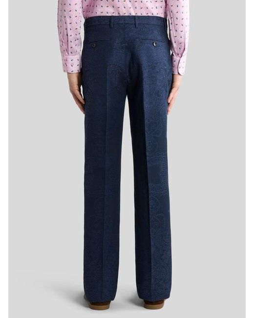 Etro Blue Cotton-Blend Jacquard Trousers With Placed Floral Paisley Motif for men
