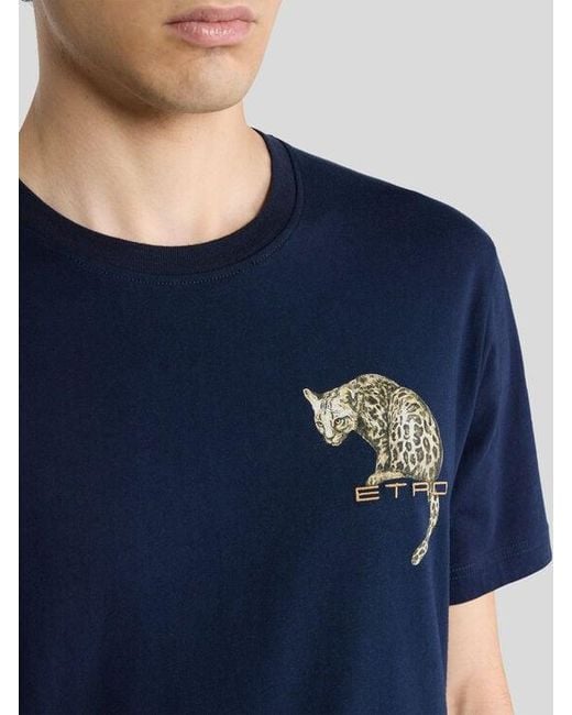 Etro Blue Cotton T-Shirt With Leopard Print And Embroidery for men