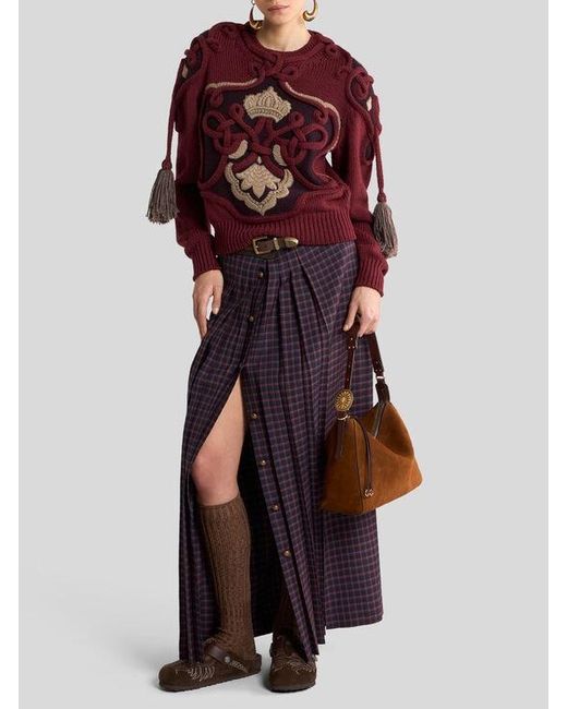 Etro Red Ribbed Wool Sweater With Tassels And Embroidery