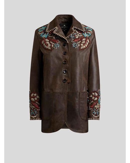 Etro Brown Leather Jacket With Threading