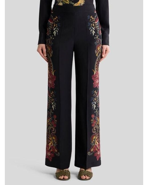 Etro Blue Silk Trousers With Placed Floral Paisley Print