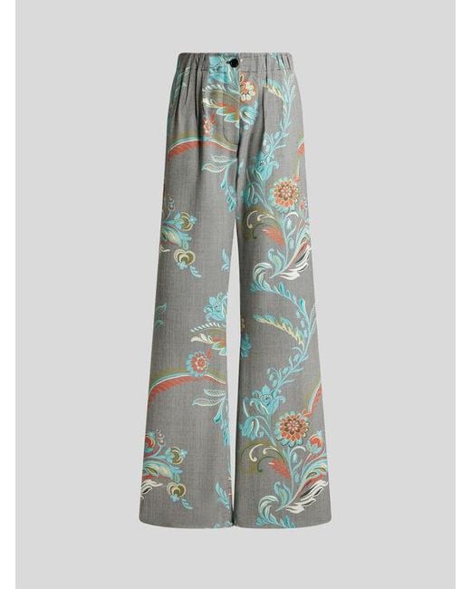 Etro Blue Wool-Blend Trousers With Daffodil Print