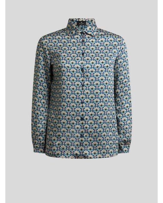 Etro Blue Twill Shirt With Micro Palm Motif