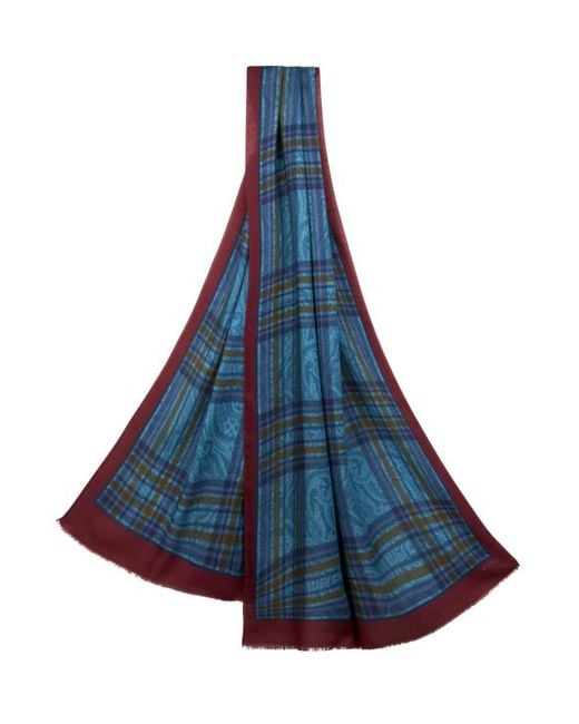 Etro Blue Wool And Silk Scarf With Print for men