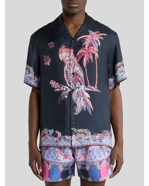 Etro Blue Cotton Bowling Shirt With Placed Parrot Print for men