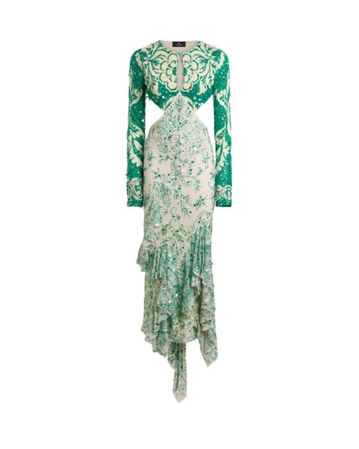 Etro Women's Green Midi Dress With Sequin Embroidery