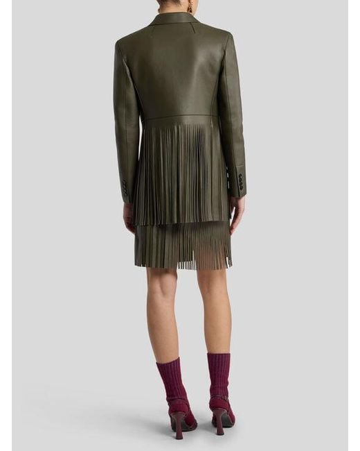 Etro Green Single-Breasted Leather Jacket With Fringing