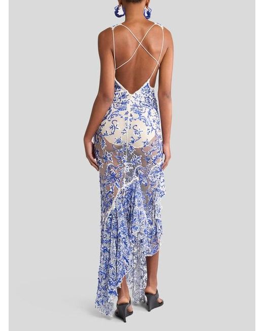 Etro Blue Long Dress With Sequin Embroidery