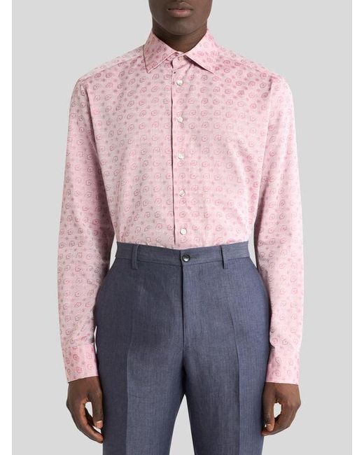 Etro Pink Cotton-Blend Fil Coupé Shirt With Micro Paisley Motif for men