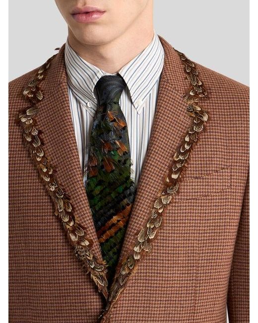 Etro Brown Single-Breasted Wool And Cashmere Jacket With Feathers And Micro Houndstooth Motif for men